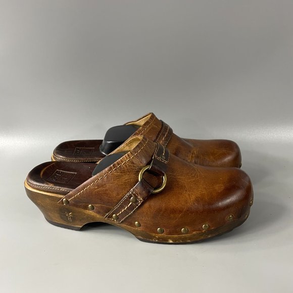Frye Clara O Ring Wooden Clogs Distressed Leather Cognac, Women's Size 8.5M - Picture 2 of 12